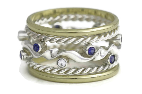 Kelp Forest Ring (Sapphire) with Gold Band and Rope Twist Adornments - 18K & Silver